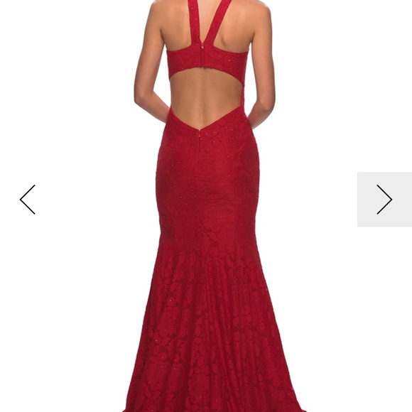 La Femme Red Square Neck Floral Lace Racerback Mermaid Prom Gown - Picture 4 of 4